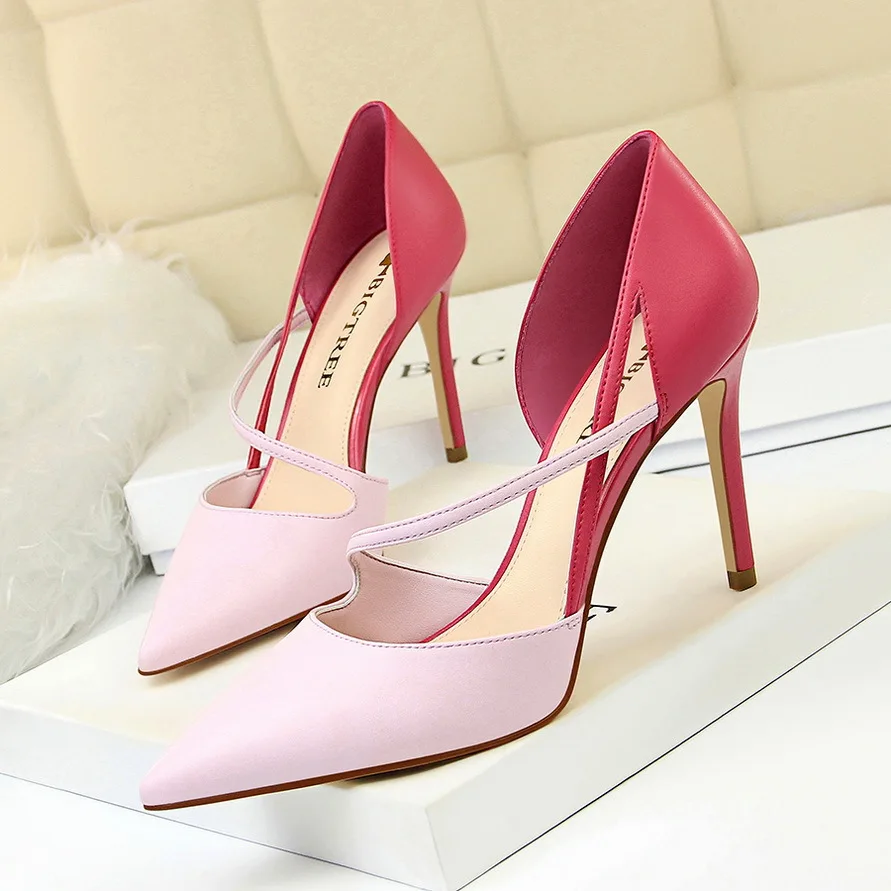 

Korean Fashion High-heeled Shoes Female High-heeled Shallow Mouth Pointed Toe Color Matching Hollow Word Belt Thin Single Shoes