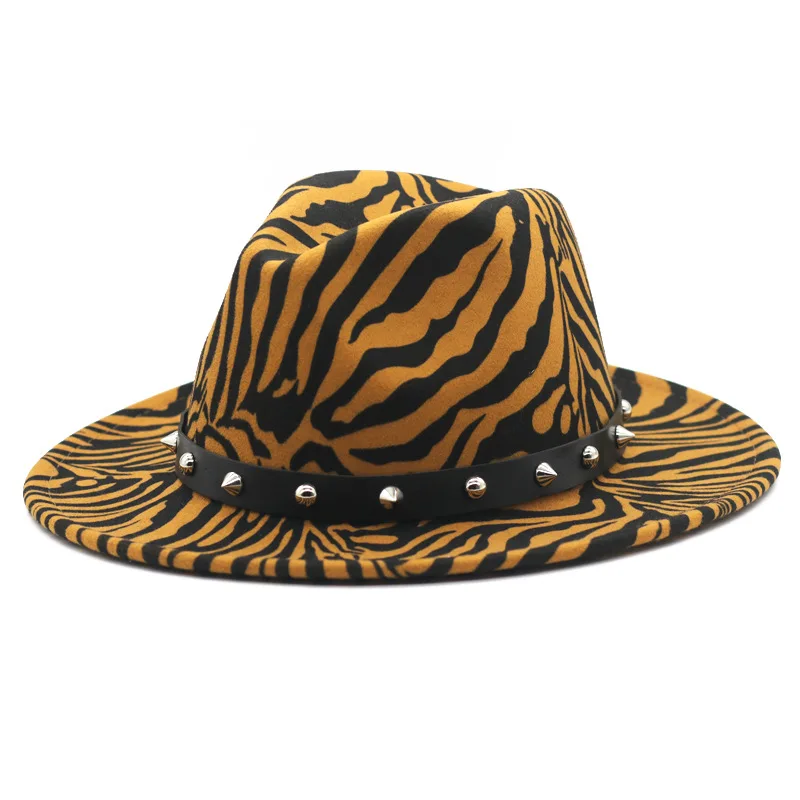 

Unisex Flat Brim Wool Felt Jazz Fedora Hats Men Women Leopard Grain Leather Band Decor Trilby Panama Formal Hats 2021 New