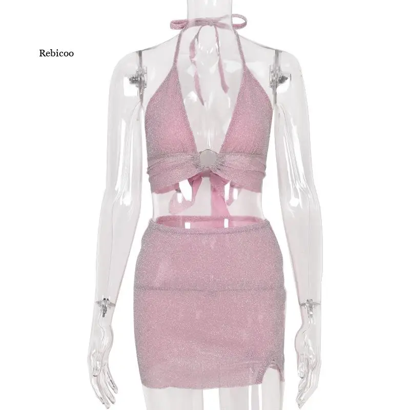 

2021 Summer Short Skirt Two-Piece Female Sexy Open Back Umbilical Lace See-Through Bright Silk Ladies Suit