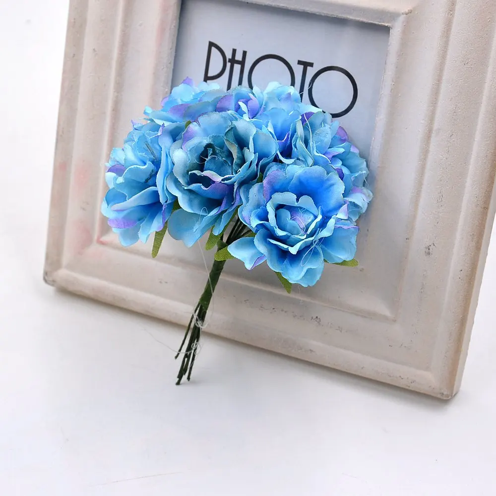 Искусственный цветок 6 шт. 5 см Шелковый ярко-розовый букет роз для свадебного