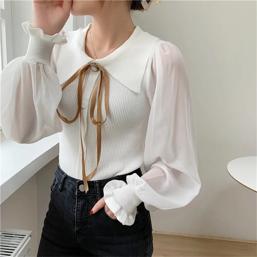 

Korean Fashion Elegant Blouse Womens Tops And Blouses Bow Neck Chiffon Patchwork Knitted Pullover Autumn Shirt Blusa Feminina