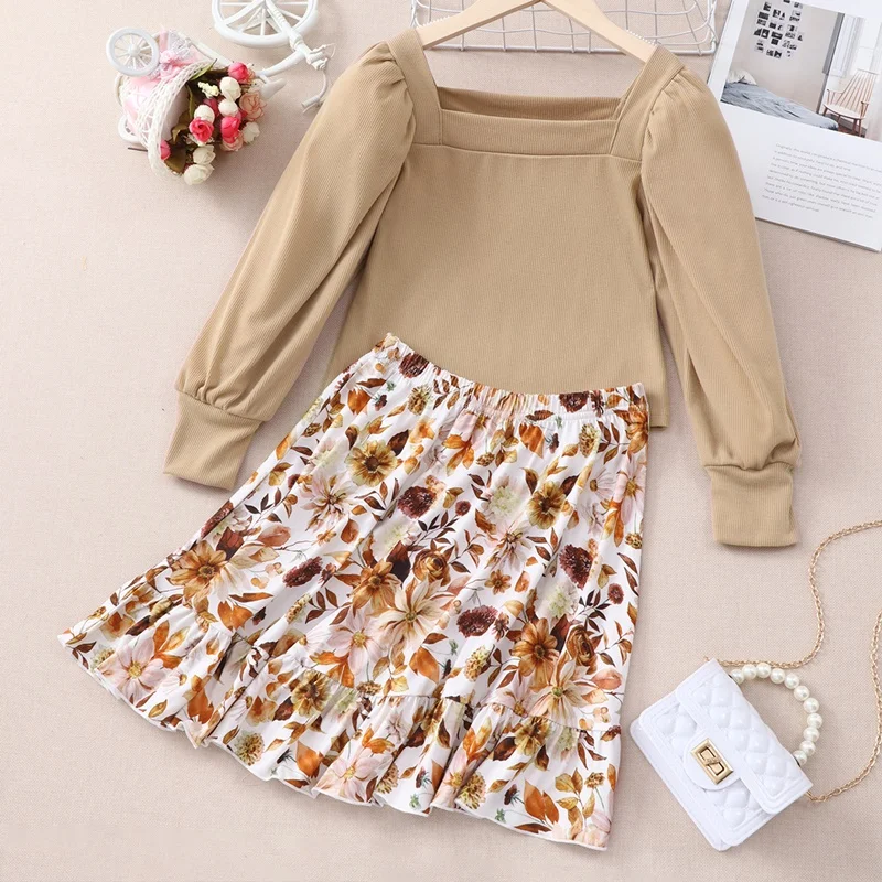 Girls Outfits Kids Clothes Girls 2 Pcs Sets Solid Long Sleeve Tops+flower Print Skirt Boho Children Clothes Spring Fall 5-10Y