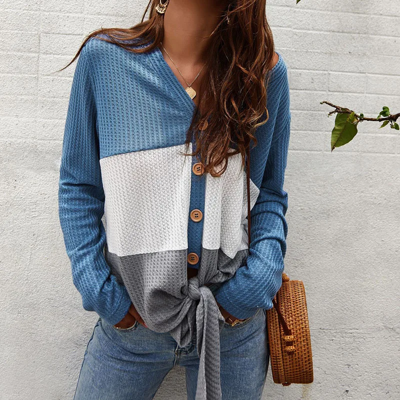 Женская блузка с длинным рукавом Элегантная трикотажная рубашка в стиле пэчворк