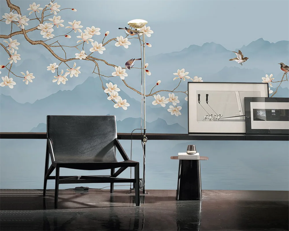 

beibehang Customized modern new Chinese hand-painted magnolia flower bird bedroom background papel de pared wallpaper