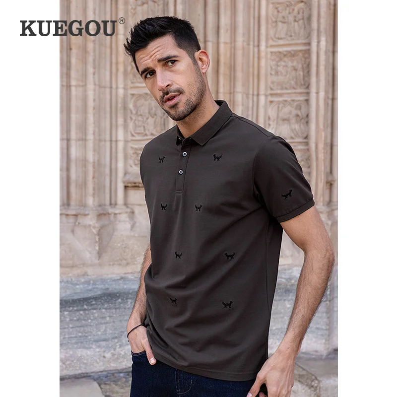 

KUEGOU 2022 Summer Embroidery Cotton Coffee Polo Shirt Men Fashion Short Sleeve Slim Fit For Male Brand Plus Size Clothing 90054