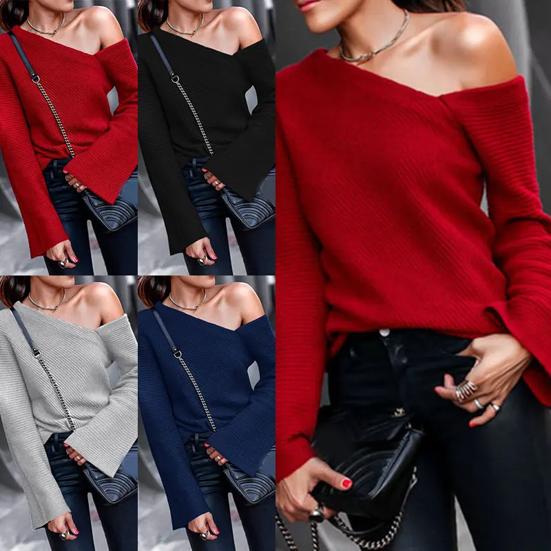 

Women Sweater Jumper Spring Autumn Knitted Tops Sexy Pullovers Cold Shoulder Sweater Loose Fashion Sweater For Lady High Quality