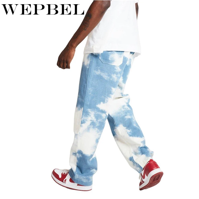 

WEPBEL Tie Dye Print Jeans Men Casual Loose StraighSky Blue Long Trouser Straight t Denim Pants