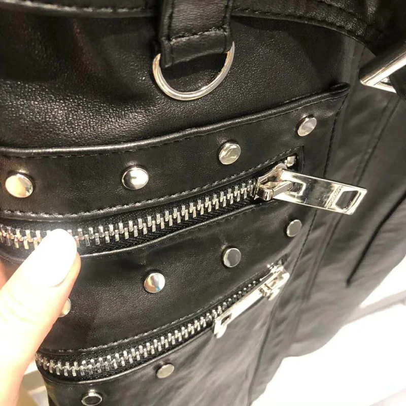 

Long women'coat spring genuine leather jacket sashes new brand lambskin coats with rivet turn-down collar streetwear