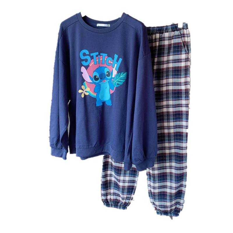 Disney Cute Stitch Pajamas for Women 2021 Autumn Winter Long Sleeve Tops and Plaid Pant Soft Homewear Pijamas Women 2 Piece Set