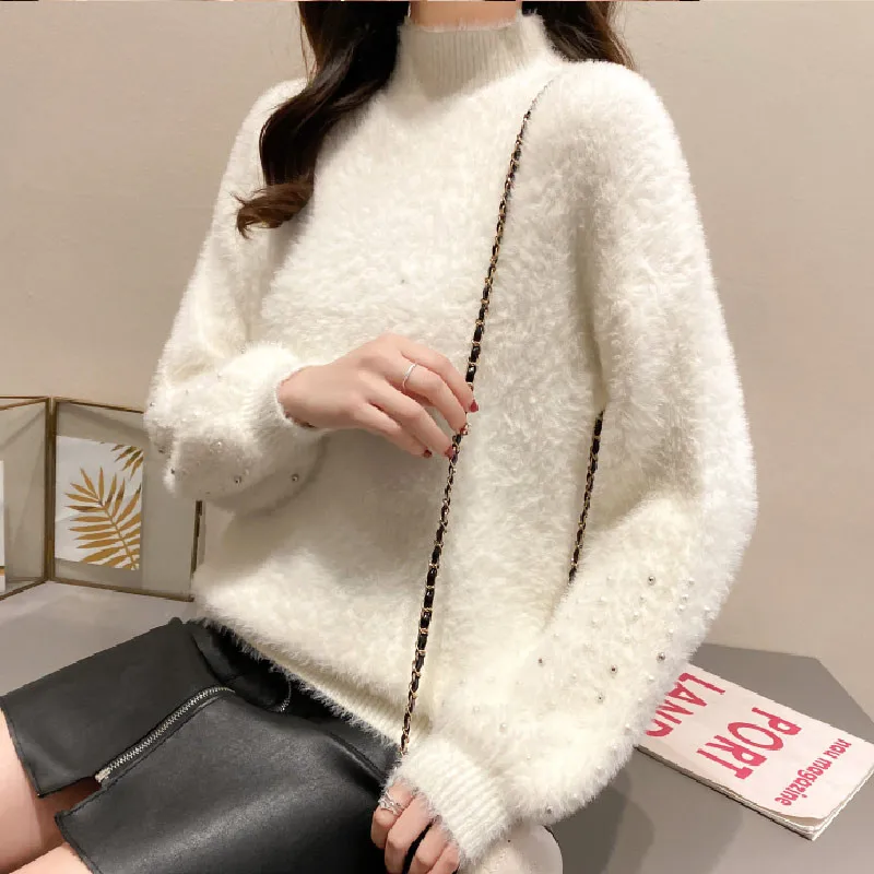 

Fashion Faux Mink Velvet Sweater Women Autumn Winter Clothes Women Loose Beading Pullover Thick Knitted Turtleneck Sweater C6803