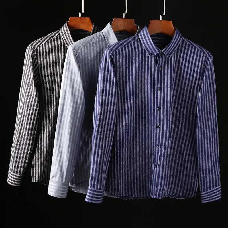 

Mens Shirt Striped Commuter Business Lapel Long-sleeved Shirt Spring Fall