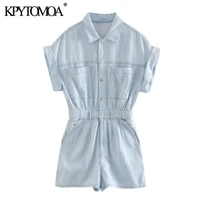 kpytomoa women 2021 chic fashion pockets denim playsuits vintage turn up sleeves elastic waist female short jumpsuits mujer
