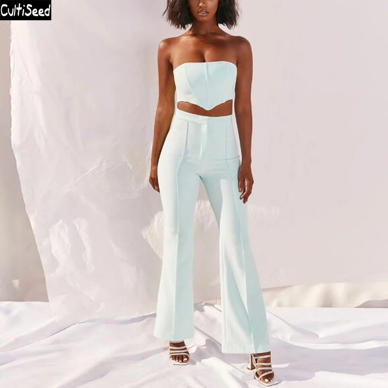 

Cultiseed Women Sexy Strapless Hollow Waist Short Top+High Waist Flare Pant 2pc Set Suits Female New Fashion Holiday Casual Sets