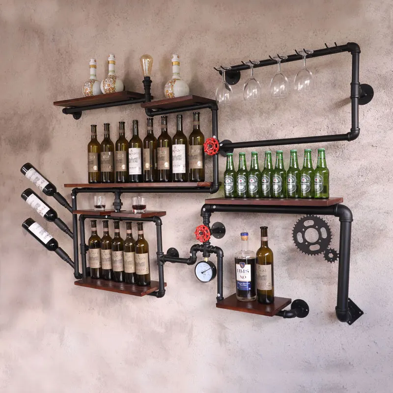 

Coffee Shop Bar Wine Cabinet Wine Rack Loft Retro Industrial Style Shelving Shelf Wall Iron Solid Wood Pipe Wall Hanging Shelf
