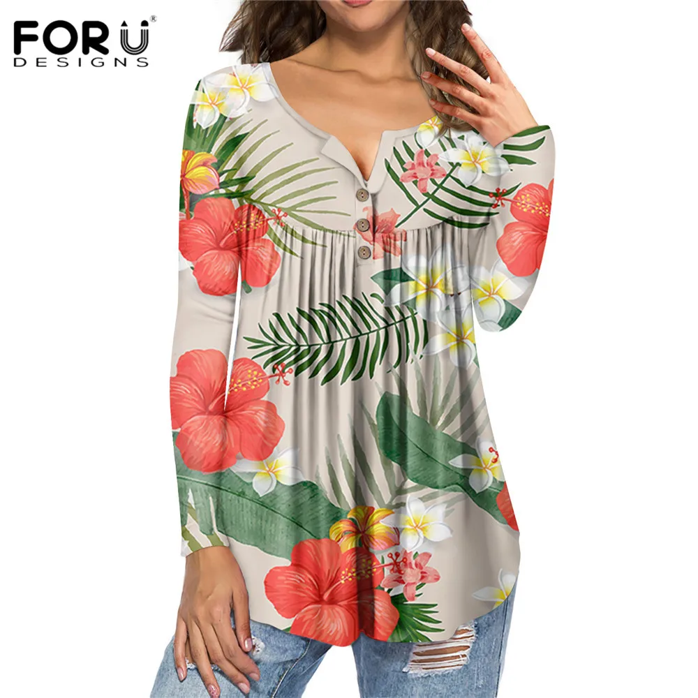 

FORUDESIGNS Tropical Hawaiian Hibiscus Pattern Ladies Front Button Casual Shirts Autumn Spring Long Sleeved Tuni Chenley Blusas