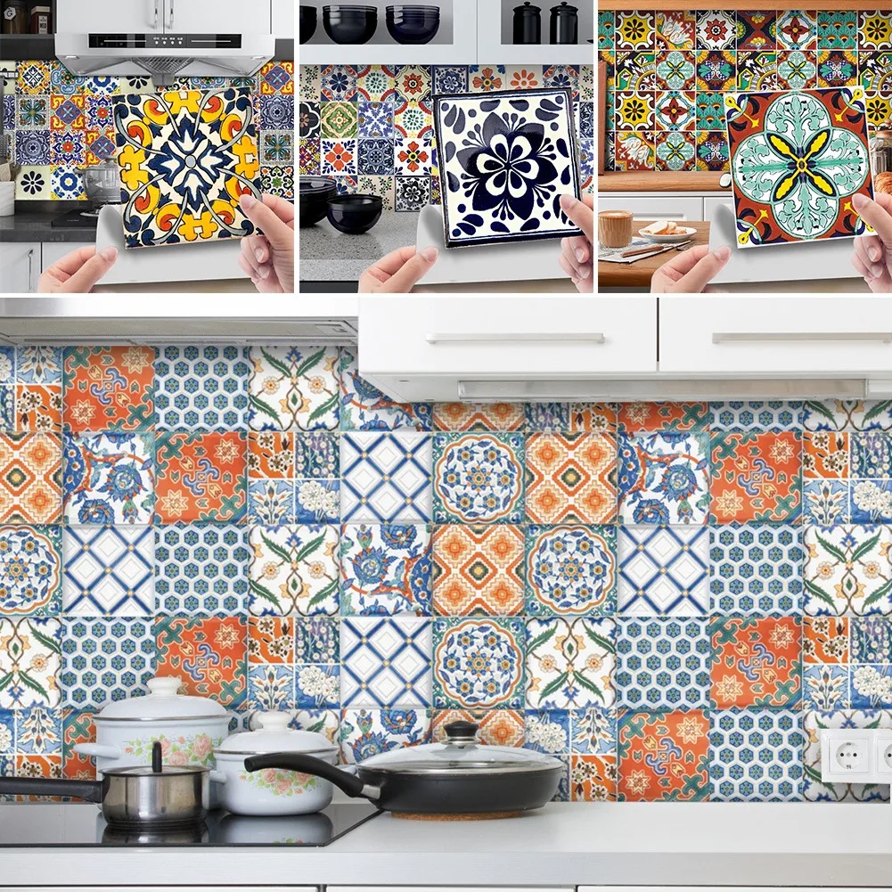 

24Pcs Retro Pattern Mosaic Tile Wall Stickers Adhesive PVC Home Decoration 15cm X 15cm For Bathroom/kitchen