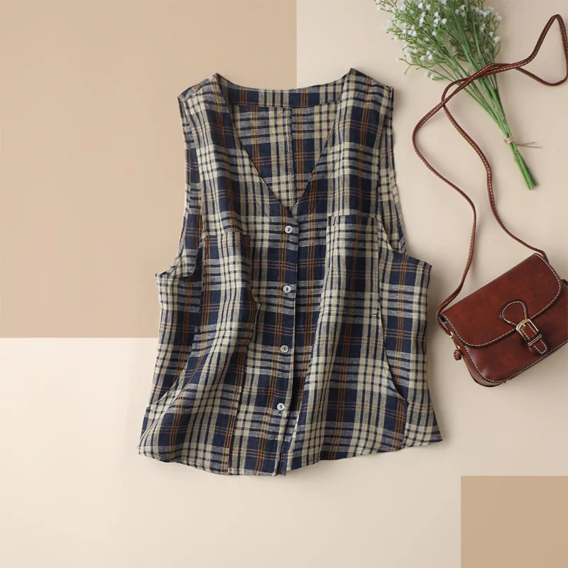 

Shuchan Plaid Women Vest V-Neck Single Breasted Vintage Spring/Autumn Women Korean Style 2021 Sleeveless Jacket Women
