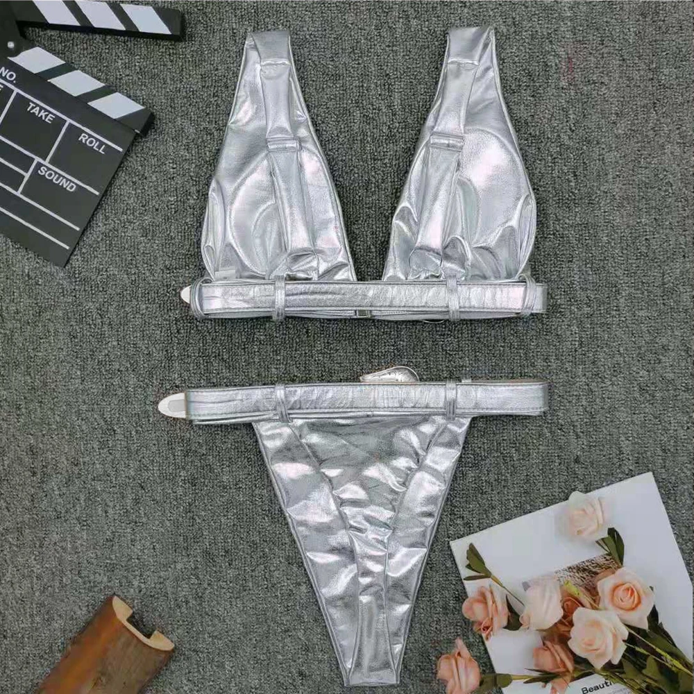 

Buckle Belt Bikini Silver High Cut Swimsuit Thong Bikini PU Swimwear Sexy Bathing Suit Women Bandage Biquini Shiny Micro Bikini