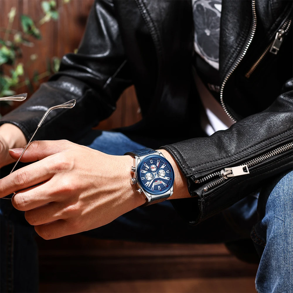 

New Fashion Leather Quartz Wrist Watches for Men 2021Luxury Chronograph with Luminous Hands Clock Male Wristwatches