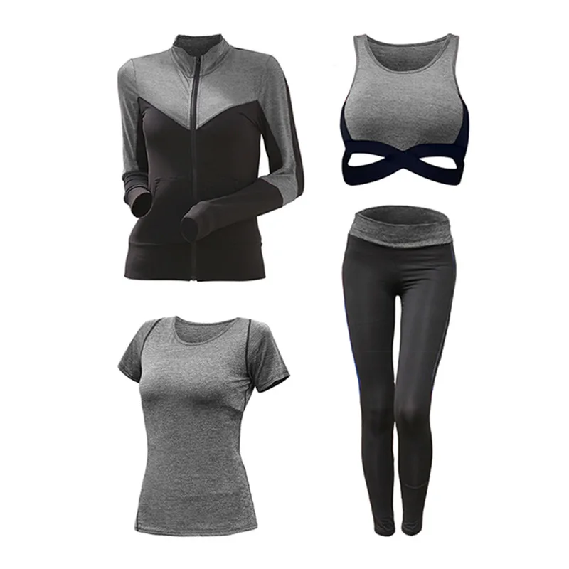 gray 4 Piece Set Женский комплект для йоги из 5 предметов, штаны с высокой талией+ пальто+ футболка+ бюстгальтер+ штаны, быстросохнущая одежда для спортзала фитнеса, спортивный комплект - Цвет: gray 4 Piece Set