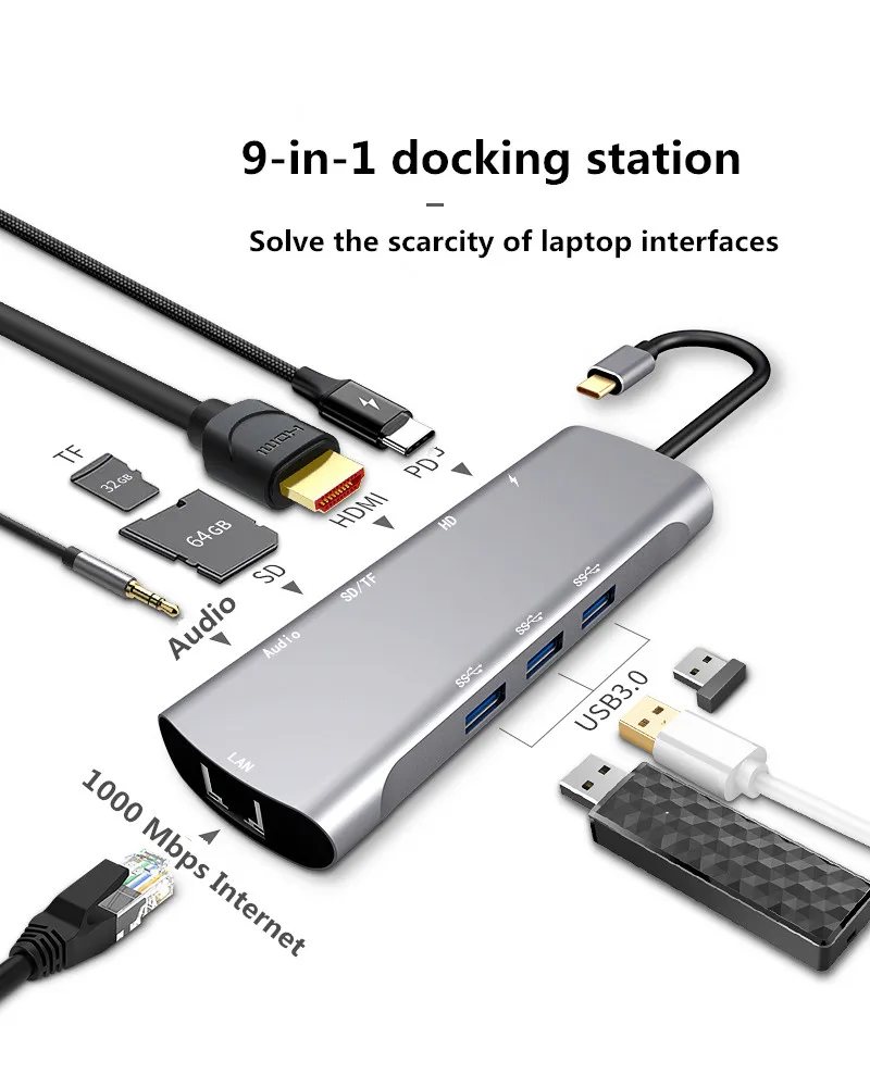 10in1/9in1 USB Type-c Thunderbolt 3 Hub to HDMI VGA 4K RJ45 USB3.0X3 USB-C PD TF SD Slot Audio Cable Adapter for Macbook Pro | Электроника