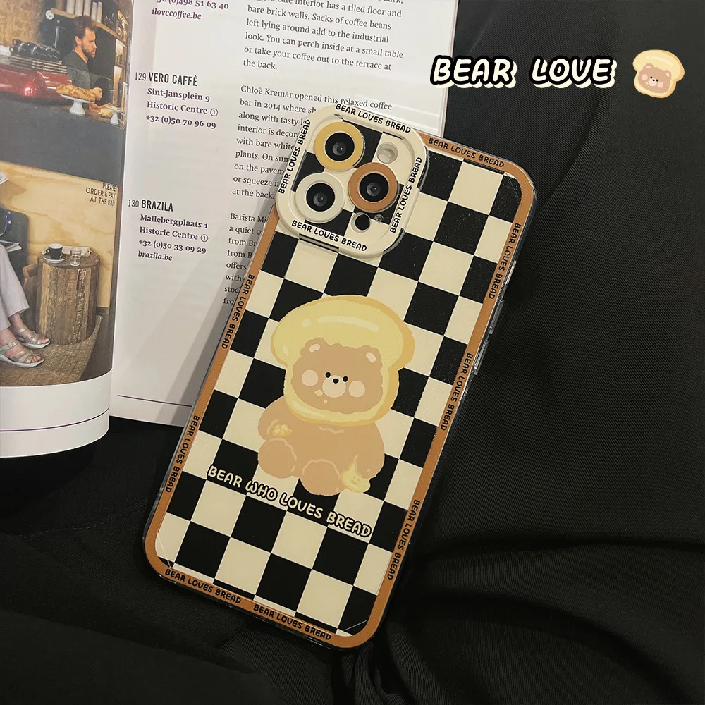retro chocolate toast bread bear plaid phone case for iphone 13 12 11 pro max xs max xr 7 8 plus lens protection case cute cover free global shipping