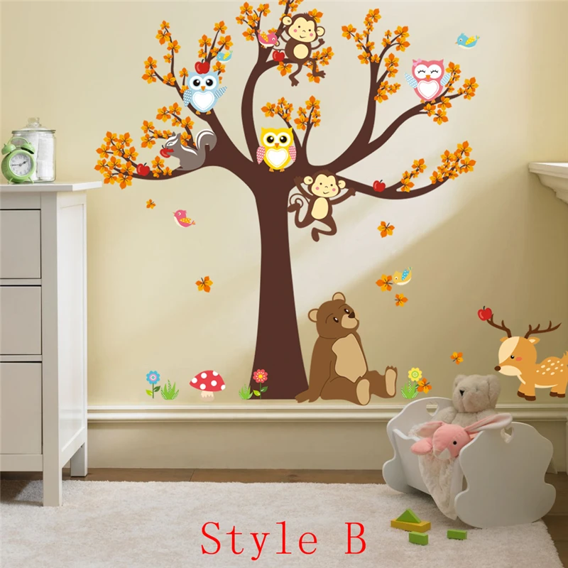 

Мультяшные животные, медведь, искусственное дерево, наклейки на стену для детской комнаты, украшение для дома, ПВХ наклейка, Осенний пейзаж, ...