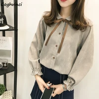 shirts women bow turn down collar flare sleeve korean style chic corduroy autumn elegant vintage womens daily casual blouses new