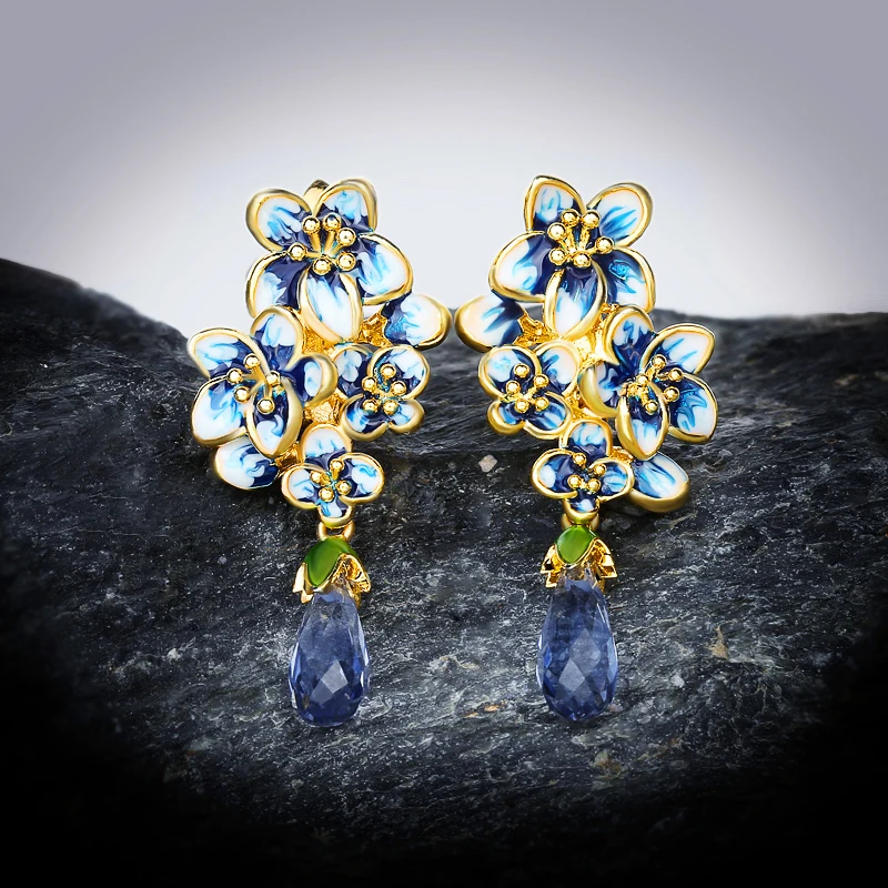 

Brand New Crystal Drop Earrings Real 925 Silver Gold Color Enamel Pendant Earrings Dangler Epoxy Wedding Jewelry for Ladies Girl