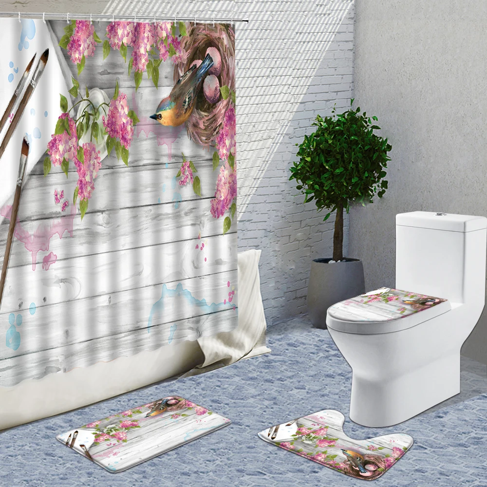 

4-Piece Set Modern Shower Curtains 3D Peach Blossom White Goose Circle Bathroom Decor Curtain Non-Slip Flannel Mat Carpet Set