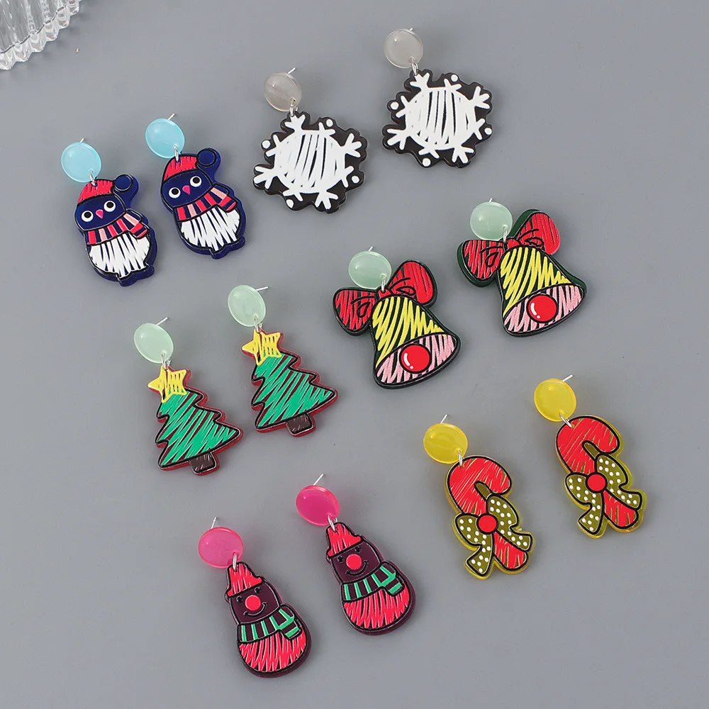 

2021 New Acrylic Cartoon Personality Graffiti Earrings Ins Snowman Bells Christmas Tree Resin Drop Earrings For Women Jewelry