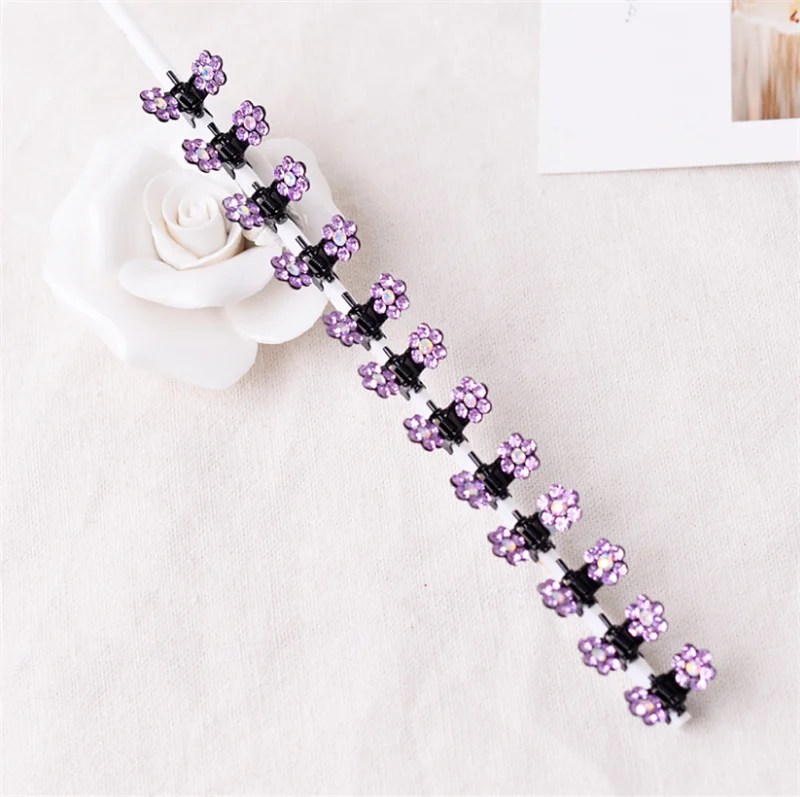 PURPLE 12 шт./лот, маленькие милые хрустальные цветы, металлические когти для волос, заколка для волос, модный головной убор для девочек, аксессуары для волос - Цвет: PURPLE
