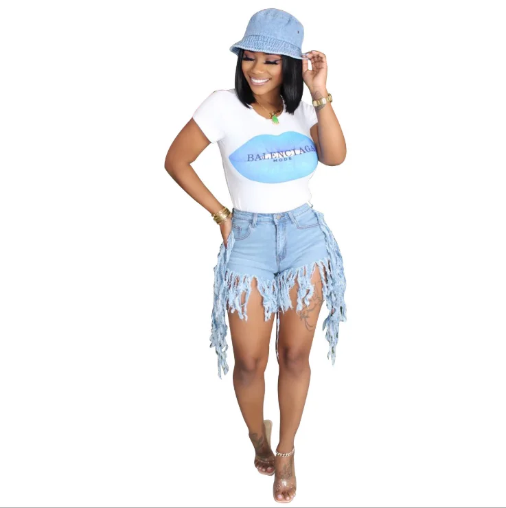 

Women's denim shorts high-waist brushed hem ripped short jeans
