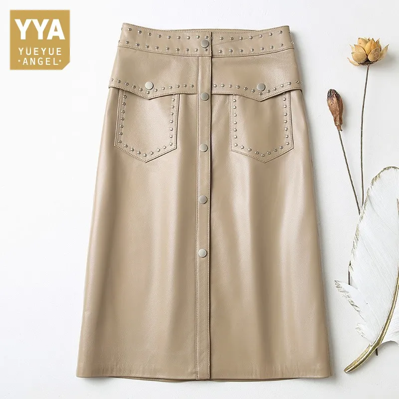 

OL Genuine Leather Skirts Women High Waist Slim Sheepskin Office Mid Skirts Streetwear Black Rivets Wrap Skirts Jupe Femme