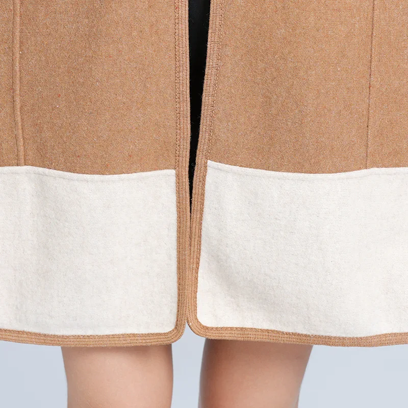 

2020 Women Color Contrast Standard Collar Khaki Cardigan Winter Warm Thick Batwing Sleeve Long Cloak Lady Horn Button Loose Coat