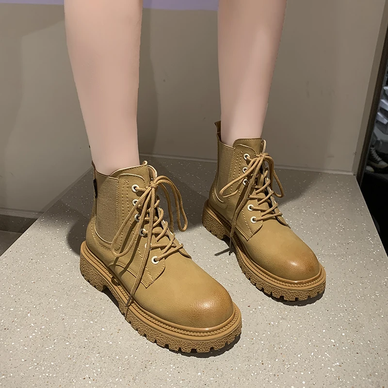 

Martin Boots Platform Women Shoes Pu Leather Round Toe Ankle Boots Retro Style Chunky Short Boots Women Botines Mujer 2021