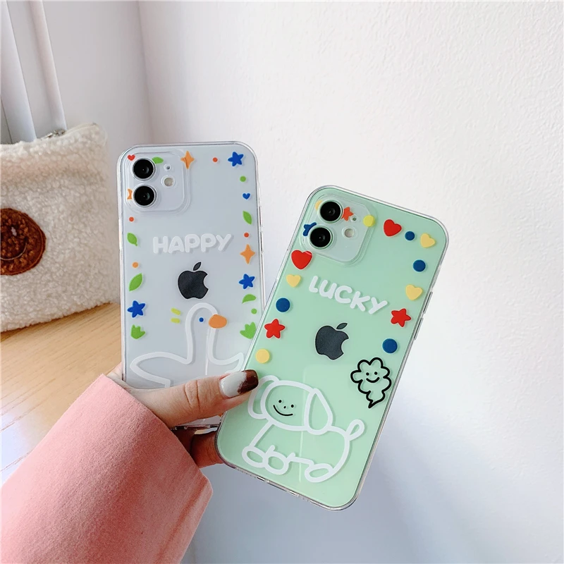 

Cute Cartoon Duck Puppy Phone Cases on For iPhone 12 Mini 11 Pro XS MAX XR X 8 7 Plus SE 2020 Clear Soft TPU Back Cover Fundas
