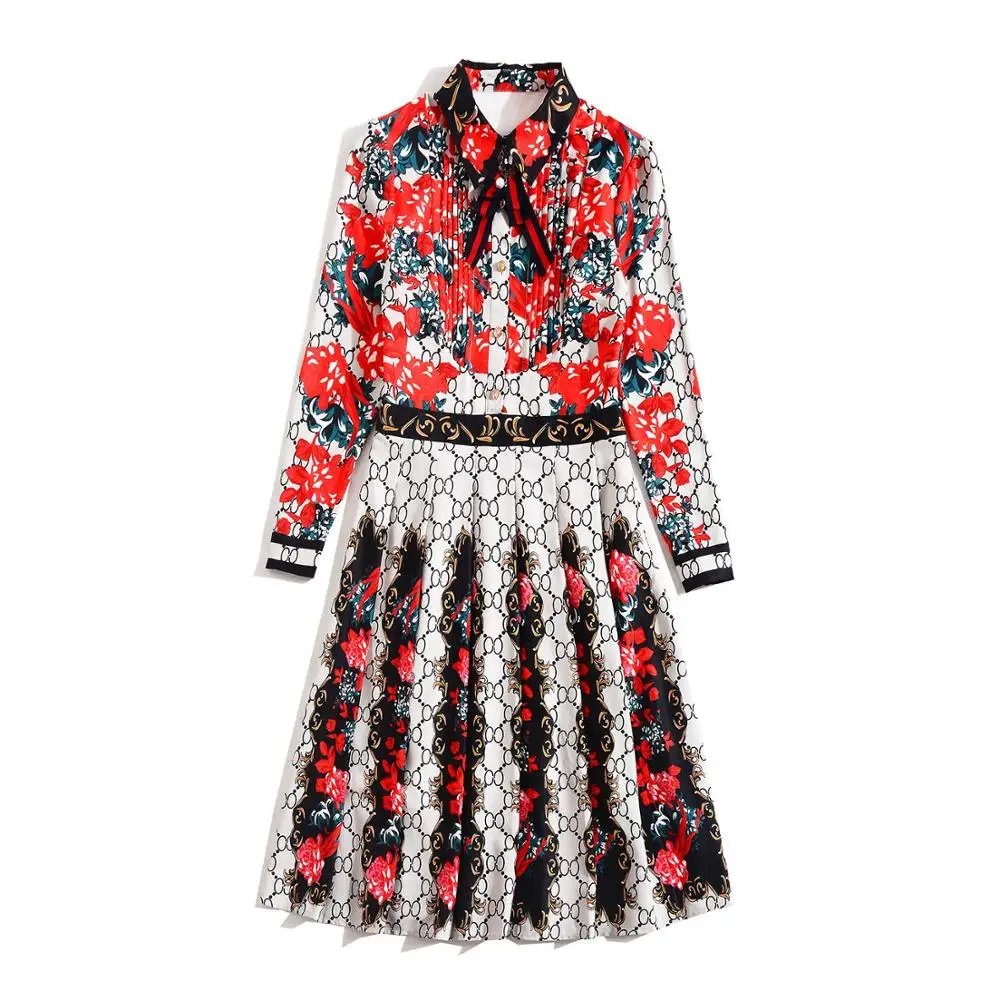 Осеннее женское платье с бантом и принтом 2019 Новое высококачественное весеннее