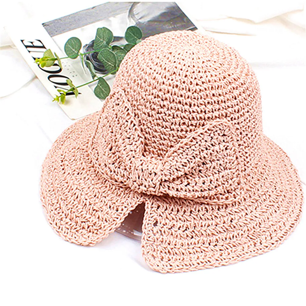 

New Ladies Foldable Fashion Sun Protection Hat Bow Straw Hats Beach Women's Summer Panama Collapsible Brimmed Wide Brim Cap Hot