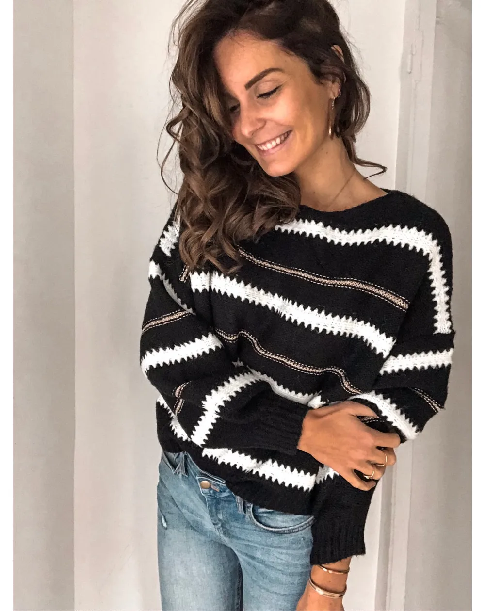 

2020 Spring autumn cashmere sweaters women fashion sexy Striped sweater loose wool sweater batwing sleeve plus size pullover