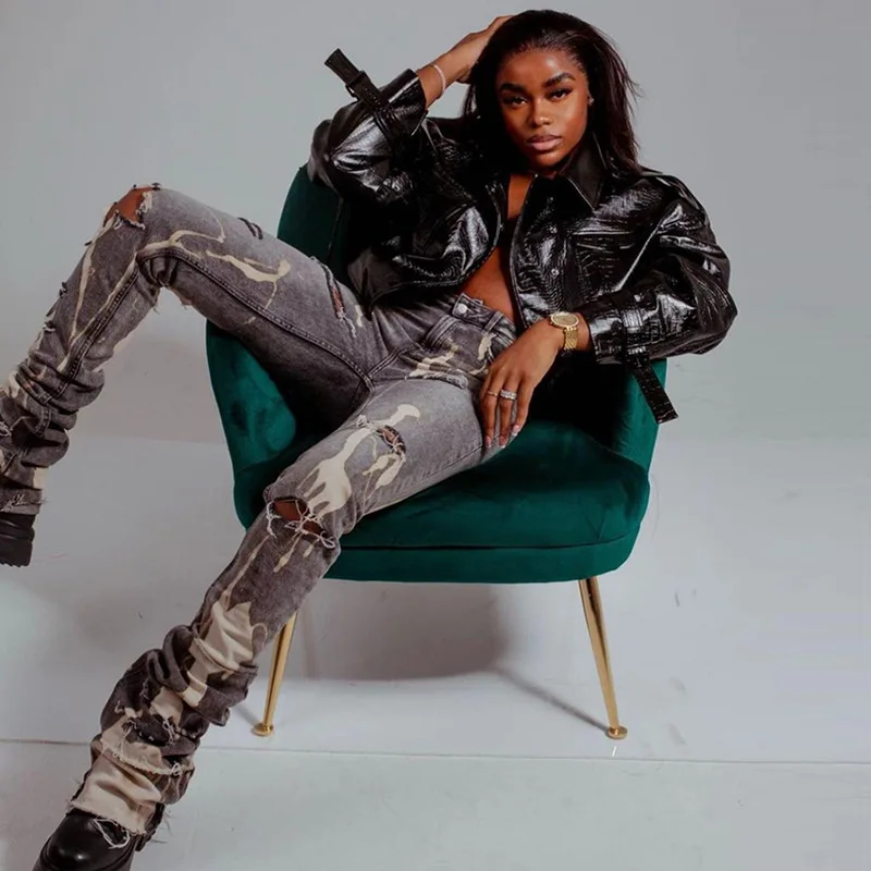 

Модель весна-осень 2021, женские облегающие Прямые повседневные джинсы с высокой талией и принтом, уличная одежда для женщин