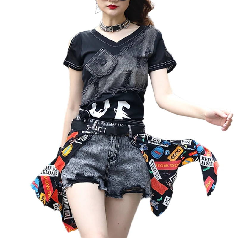 

2021 Summer Fashion Cutout Tracksuits Ladies Black Tops and Shorts Womens Vintage Two Piece Sets Casual Streetwear Punk XC630