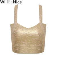willbenice 2019 autumn sexy gold silver women bandage top spaghetti strap bandage v neck vest tank top knitted bandage club vest
