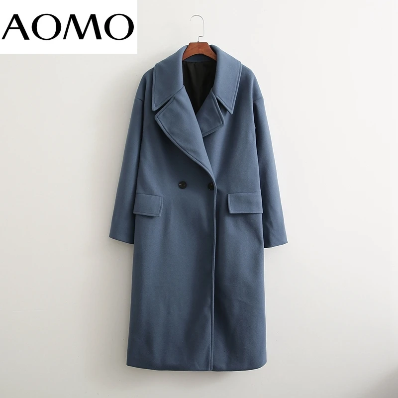 

AOMO Women 2021 Winter Gray Thick Warm Woolen Coat Pockets Office Lady Outerwear Chic Long Overcoat 1D412A