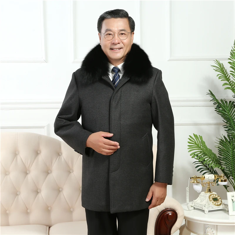 Middle-aged men's fur collar wool coat luxury business Casual thick autumn winter casshmere trench jackets outwear father's gift |