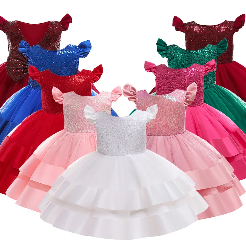 

Cute Girl's Double Sequins Christmas Princess Dress Piano Performance Dresses Kid's Long High-End Birthday Party Elegance Dress