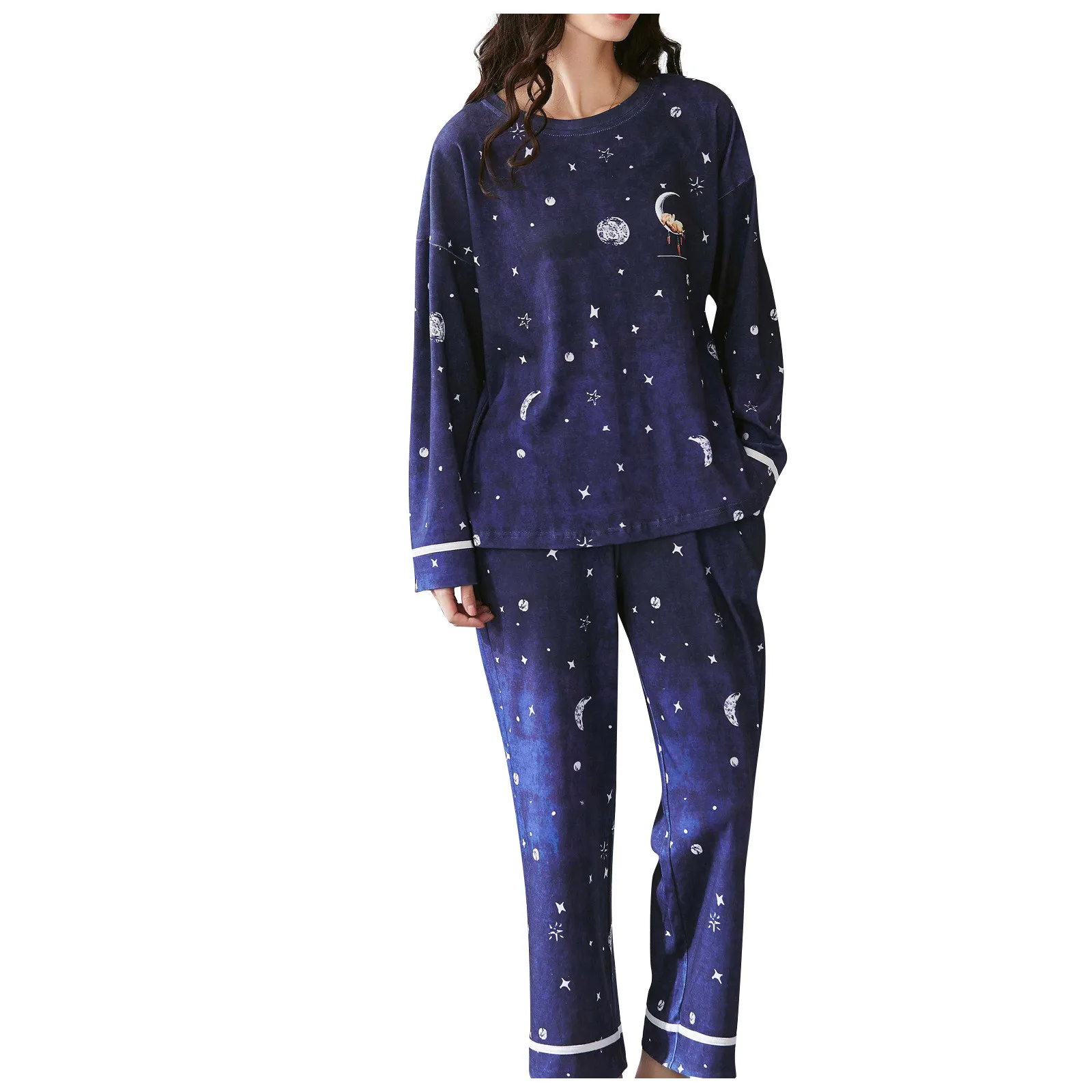 

pijama Women Fashion Print Sets Wear Lounge Wear Pocket Home Sleep Set Tops+Pants Cute Print pyjama hivers Cotton Comfortable