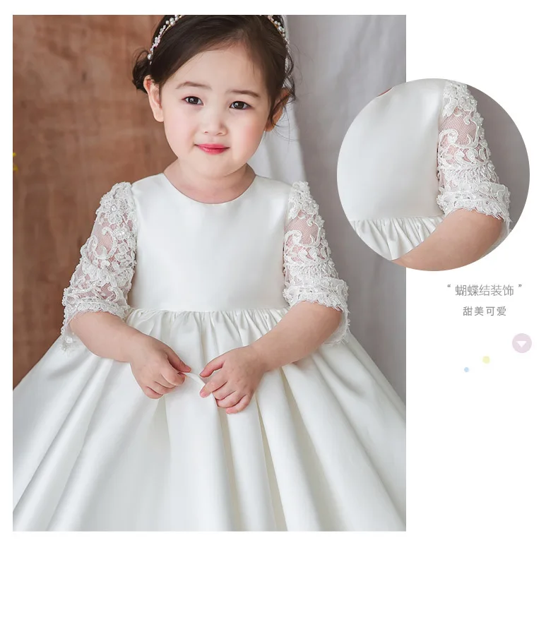 

white Girl Dress Baptismal dress for infant Half sleeve lace Flower Girls Dresses Big bow princess Wedding Baby Girl Dress