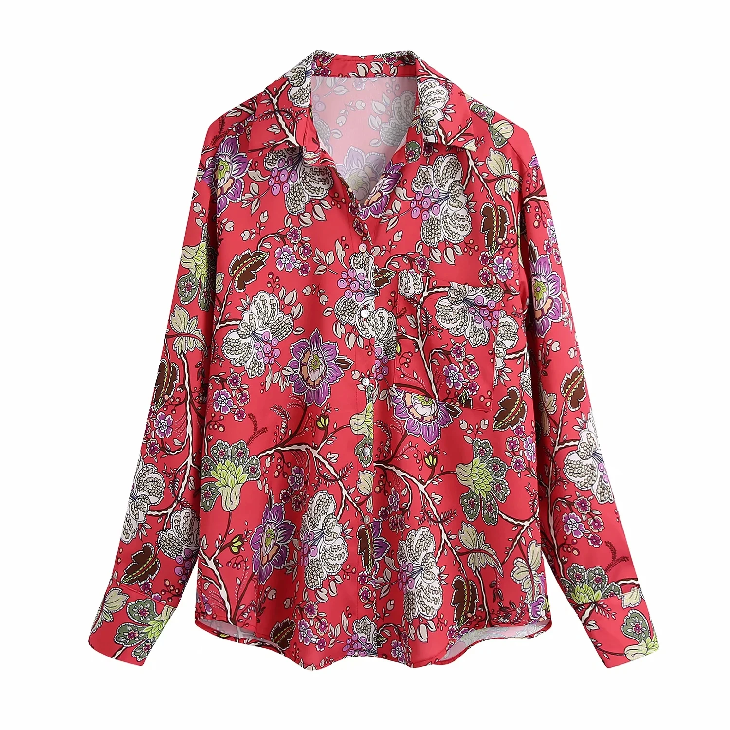 

Vintage Red Floral Print Basic Women Shirt New Spring Autumn Single Breasted Elegant Long Sleeve Casual Streetwear Female Tops