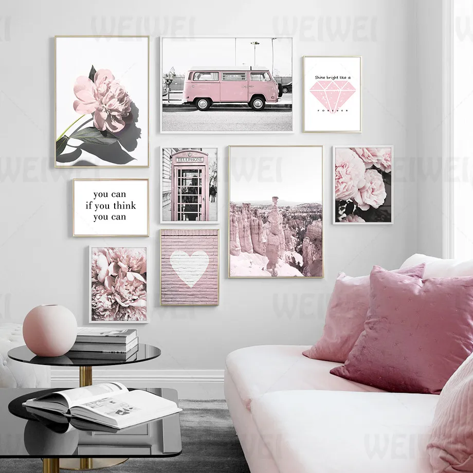 

Pink Vehicle Home Decoration Painting Pink Flowers Living Room Wall Canvas Poster Modern Minimalist Text Diamond Bedroom Prints